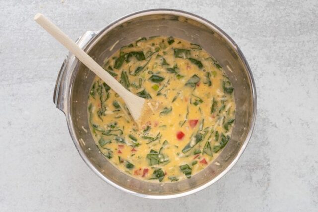 Mixing egg bite batter.