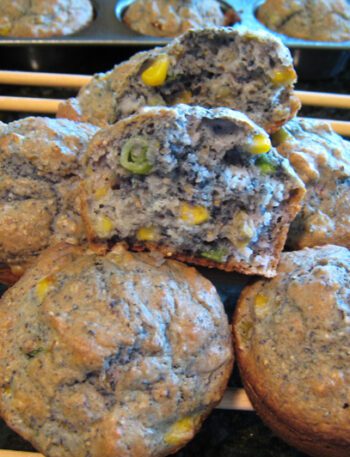 blue corn muffins on a rack