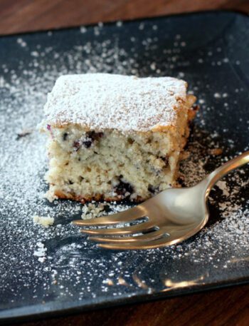 blueberry snack cake with powdered sugar topping on a plate