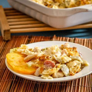 bow tie pasta with cheese and ham