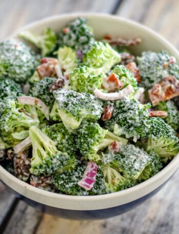 broccoli salad with baked sugared bacon