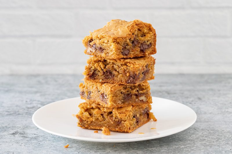 brown butter blondies in a stack