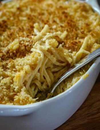 pasta and cheese casserole in a baking dish