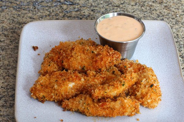 buffalo mayonnaise dip with chicken tenders.