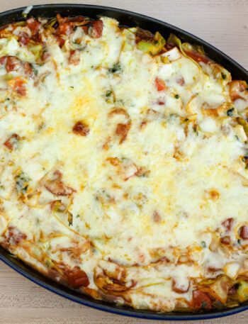cabbage casserole with sausage in a staub baking dish