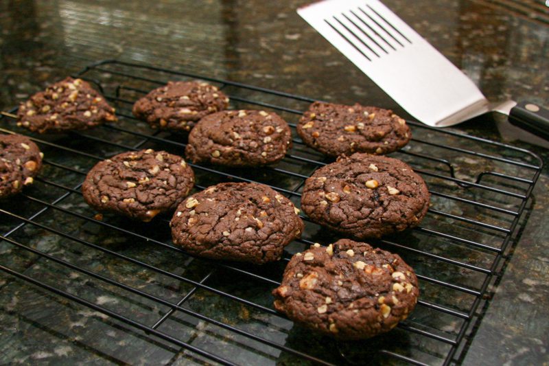 chocolate cake mix cookies on a cooling rack