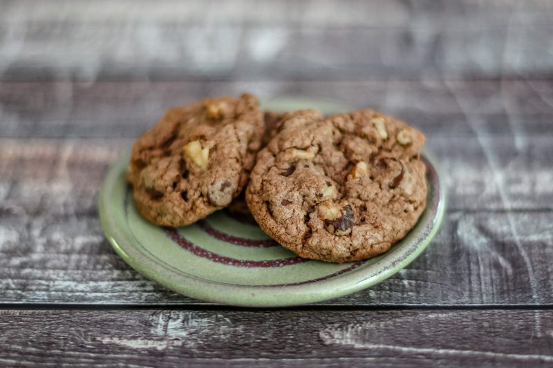 double chocolate chip cookies from a cake mix, easy recipe with 5 ingredients. On a small plate
