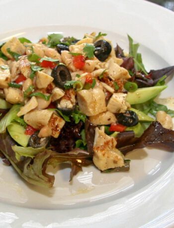 chicken and white bean salad with avocado and olives