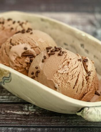 homemade chocolate ice cream in a pottery serving dish.