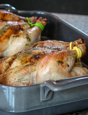 garlic and cilantro butter cornish game hens in a roasting pan