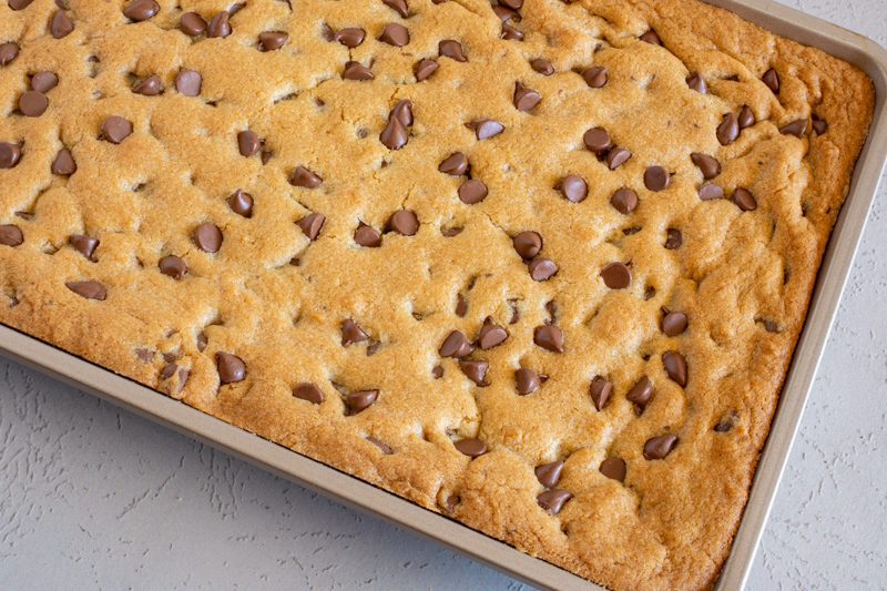 freshly baked chocolate chip cookie bars