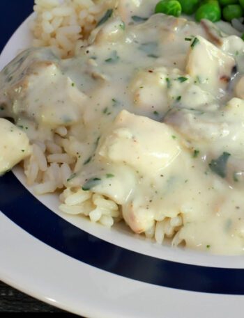 chicken and mushrooms in a creamy sauce on a plate