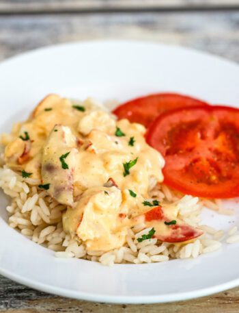plate with lobster newburg served over rice.