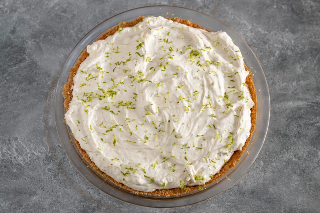 a whole key lime pie, no bake version, in a homemade graham cracker crust