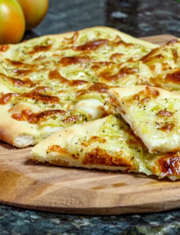 green tomato pizza on homemade crust