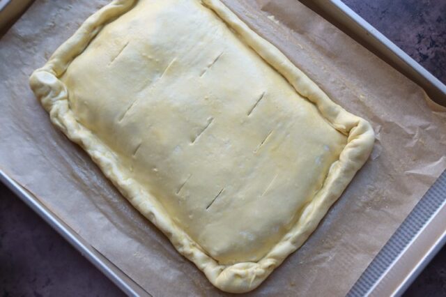 ham and gruyere tart ready for the oven