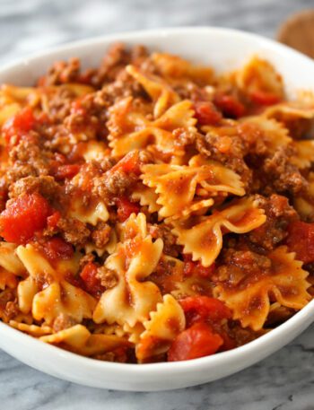 instant pot beef and farfalle in a serving bowl