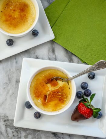 dessert plates with instant pot creme brulee and berries