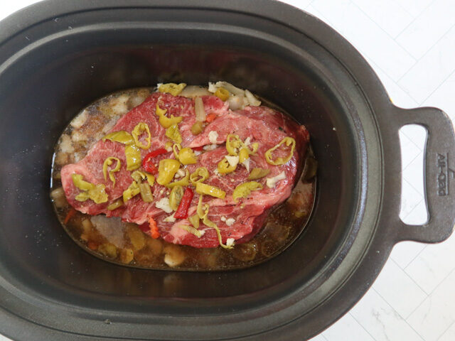 Beef pot roast in the slow cooker.