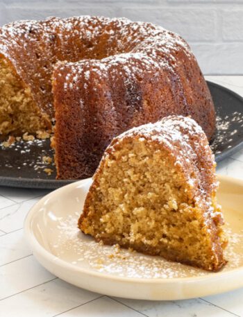 A slice of Kentucky butter cake, a brown sugar cake baked in a Bundt cake pan.