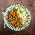 Kung Pao chicken with rice and green onions