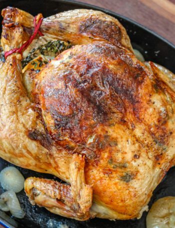 A perfectly roasted Sunday dinner chicken with lemon and herbs