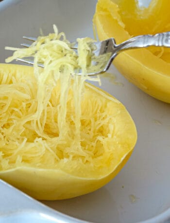 Spaghetti squash in a baking dish cooked in the microwave—strands lifted with a fork.