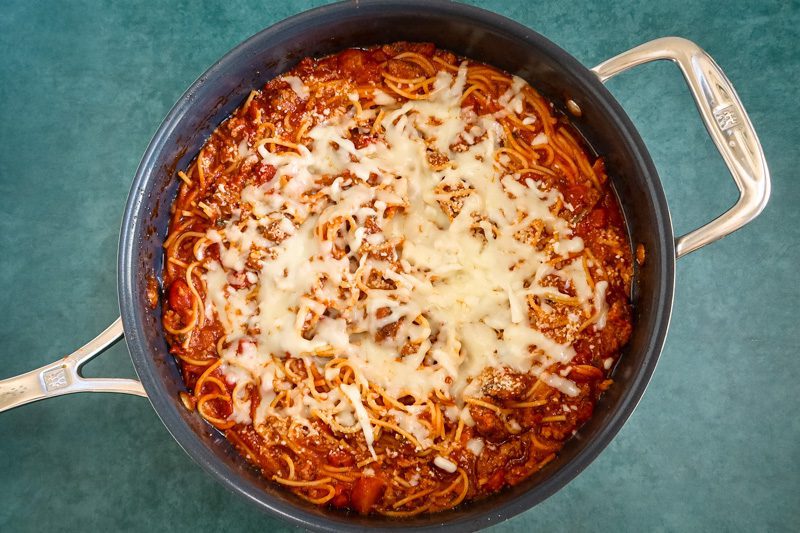 pan of one pot spaghetti dinner with cheese