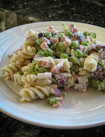 pasta salad with ham on a plate