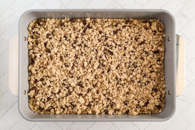 top the chocolate chip layer with the remaining oat mixture