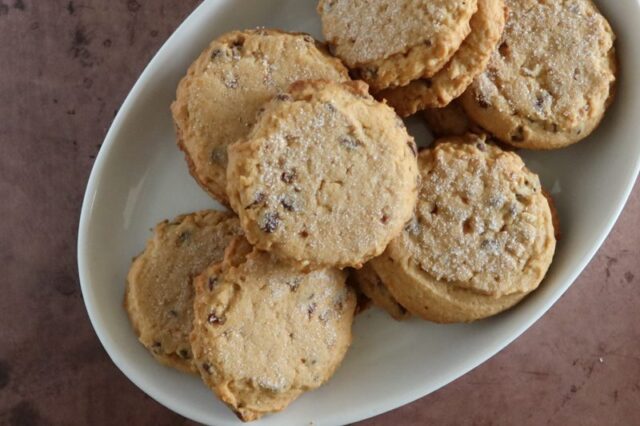 closeup of peanut butter mini chocolate chip cookies