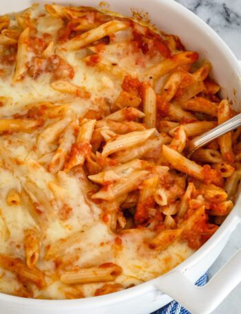 penne pasta casserole in the baking dish