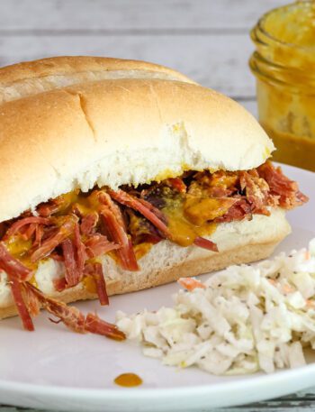 smoked picnic pulled pork with mustard sauce