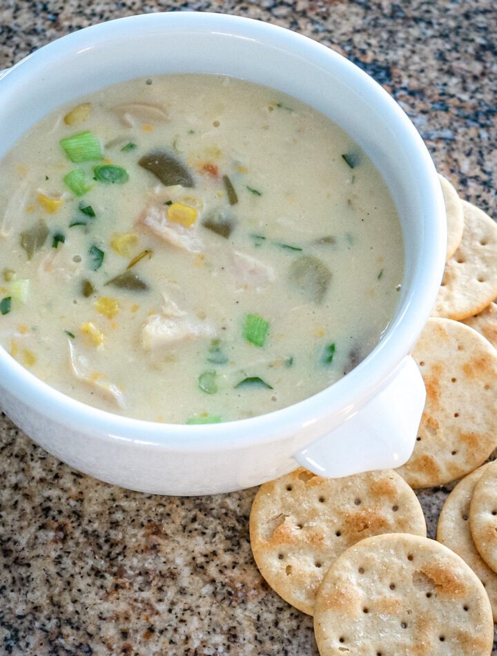 quick chicken chowder in a bowl with crackers