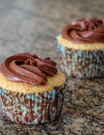 vanilla cupcakes with creamy chocolate frosting