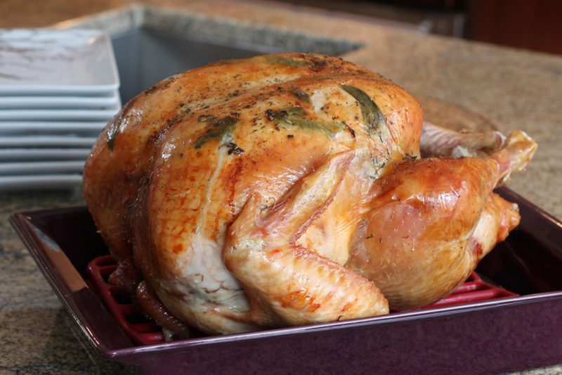 roast turkey with sage leaves in a roasting pan