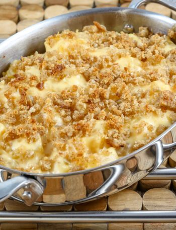 a gratin baking dish with rutabaga gratin, topped with breadcrumbs