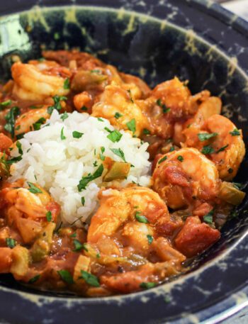shrimp creole with rice in a bowl