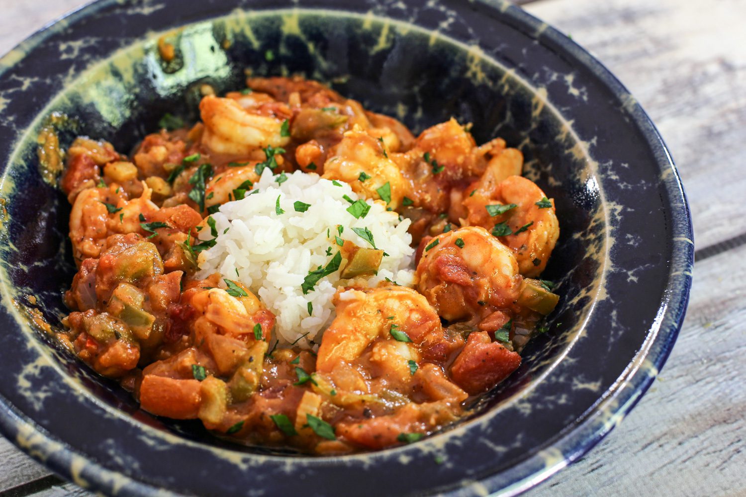 shrimp creole with rice in a bowl