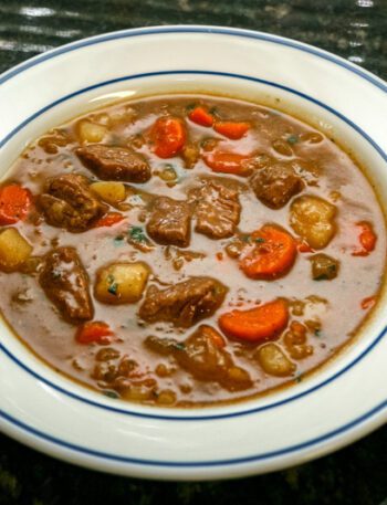 slow cooker beef stew in a wide bowl
