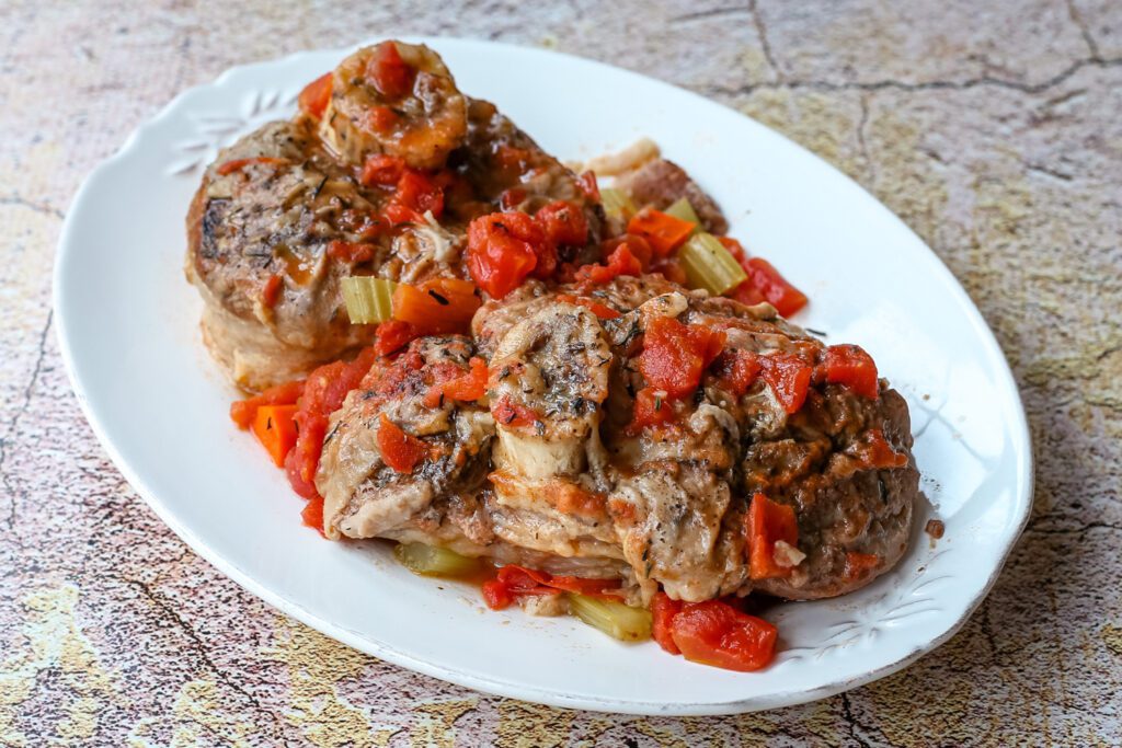 A platter of slow cooked osso buco, braised veal shanks