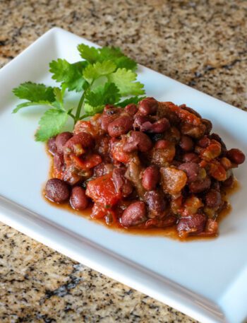 tex mex black beans and tomatoes on a plate with cilantro leaves