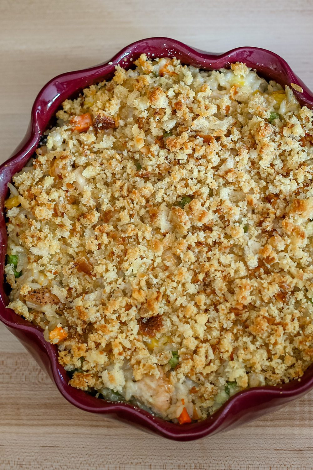 turkey and rice casserole in a baking dish