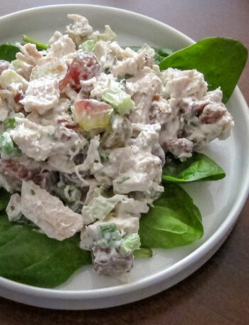curry turkey salad with grapes on lettuce leaves